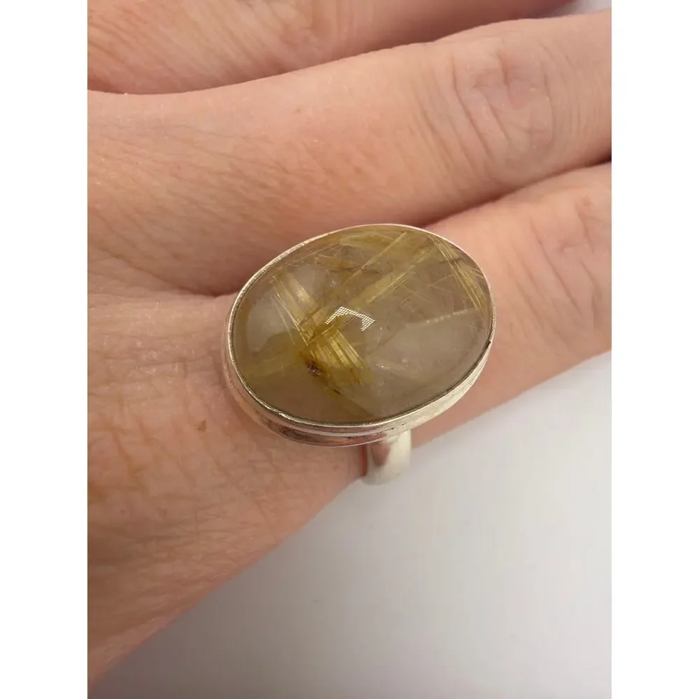 Oval Rutilated Quartz 925 Sterling Silver Statement Ring Size 7
